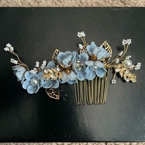 Gold Floral Hair Comb with Blue Flowers and Pearls